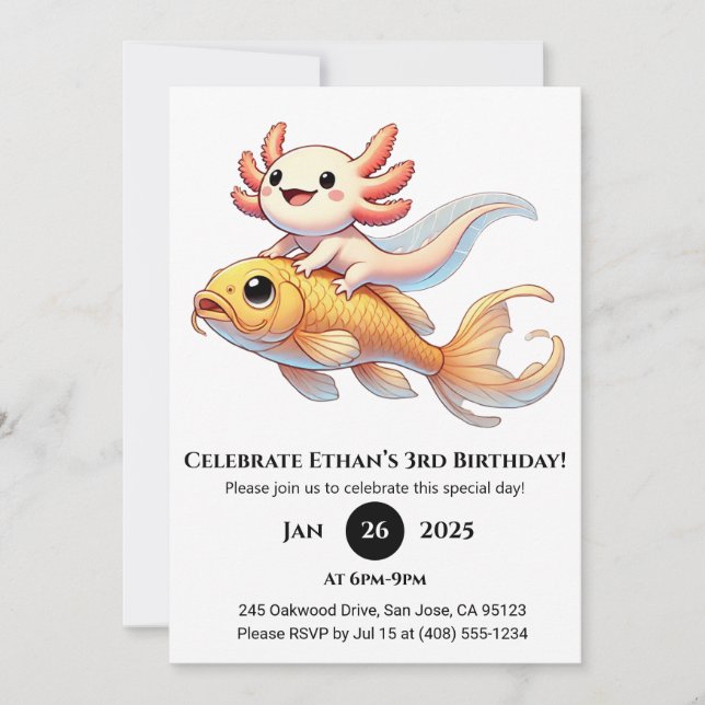 Axolotl on Koi Birthday Invitation (Front)