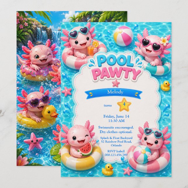 Axolotl Pool Party Birthday Invitation (Front/Back)