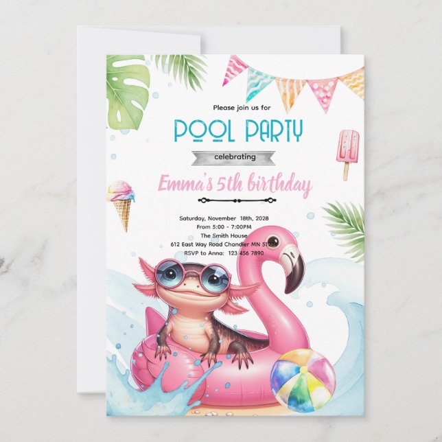 Axolotl Pool party theme invitation (Front)