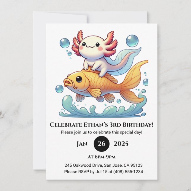 Axolotl Riding Goldfish Birthday Invitation (Front)