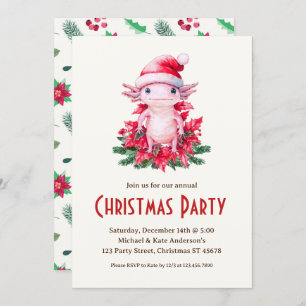 Axolotl Santa Hat Poinsettias Christmas Party Invitation
