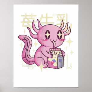 Axolotl Strawberry Milk Japan Style Japanese Kawai Poster