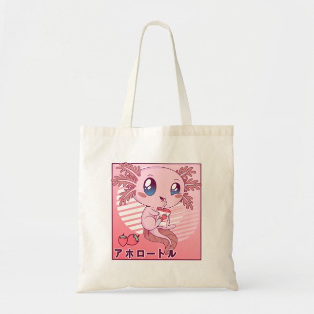 Axolotl Strawberry Milk Retro Kawaii Japan Axolotl Tote Bag (Front)