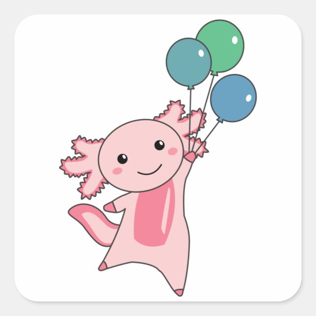 Axolotl Sweet Animal Flies With Balloons Up Square Sticker (Front)