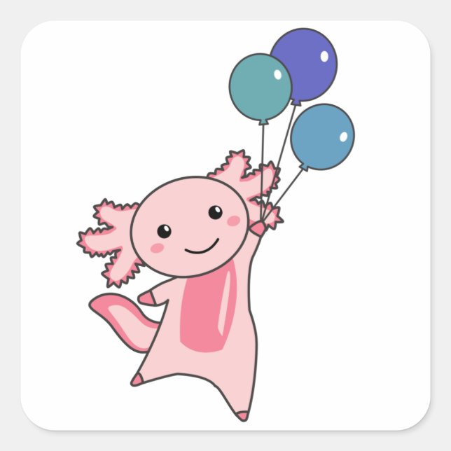 Axolotl Sweet Animal Flies With Balloons Up Square Sticker (Front)