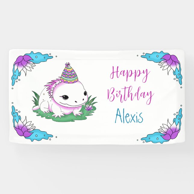 Axolotl themed Girl's Birthday Party Personalised Banner (Horizontal)