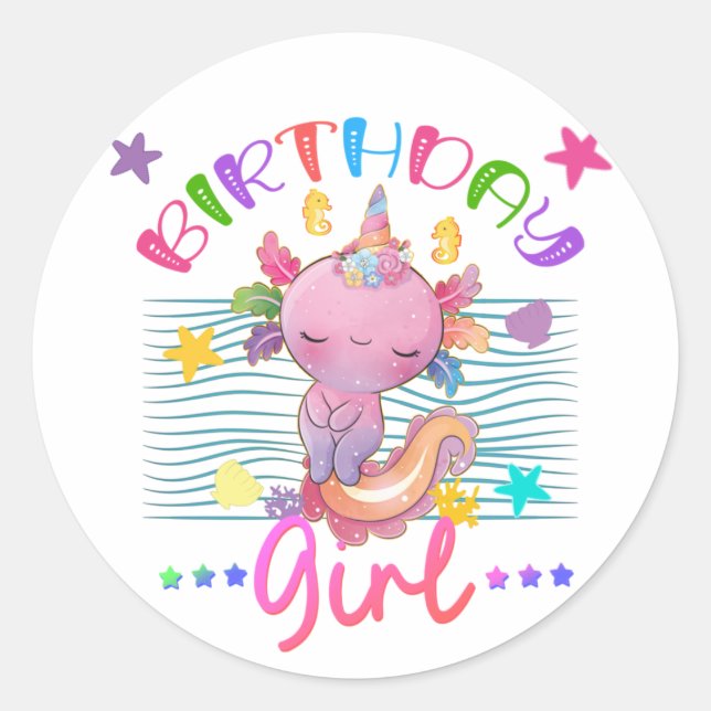 Axolotl Unicorn Birthday Girl Party Theme Colourfu Classic Round Sticker (Front)