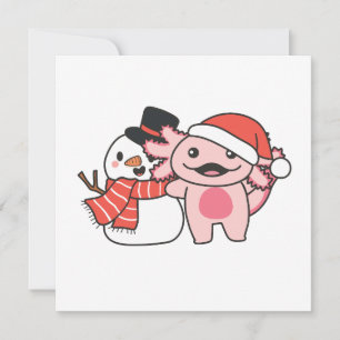 Axolotl With Snowman In Winter At Christmas Holiday Card