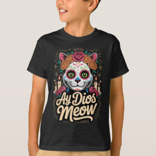 Ay Dios Meow Funny Sugar Skull Cat Dia De Los T-Shirt