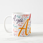 Aya Coffee Mug<br><div class="desc">Aya. Show and wear this popular beautiful female first name designed as colourful wordcloud made of horizontal and vertical cursive hand lettering typography in different sizes and adorable fresh colours. Wear your positive american name or show the world whom you love or adore. Merch with this soft text artwork is...</div>