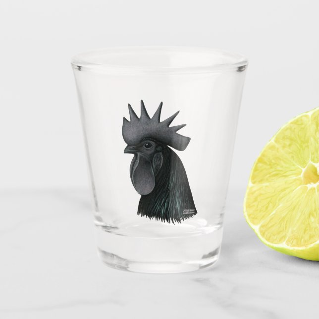 Ayam Cemani Rooster Head Shot Glass (Front)