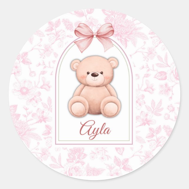 Ayla | Custom Pink Teddy Bear Nursery Design  Classic Round Sticker (Front)