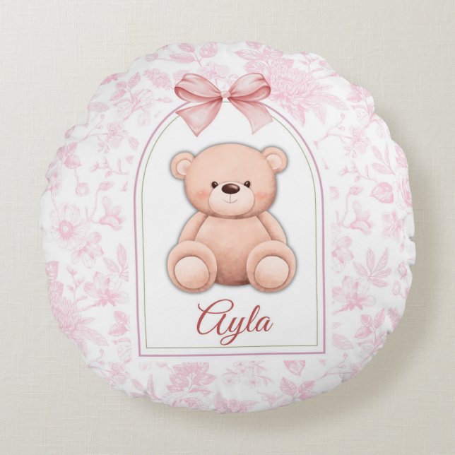 Ayla | Custom Pink Teddy Bear Nursery Design  Round Cushion (Front)