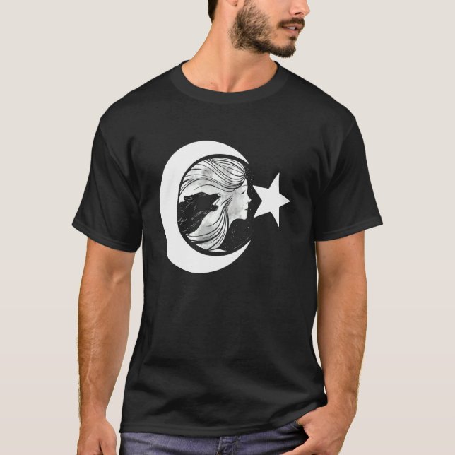 Ayyildiz Turkey Flag With Woman And Wolf Gktrk T-Shirt (Front)