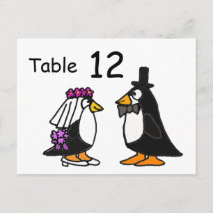 AZ- Bride and Groom Penguins Table Number Postcard