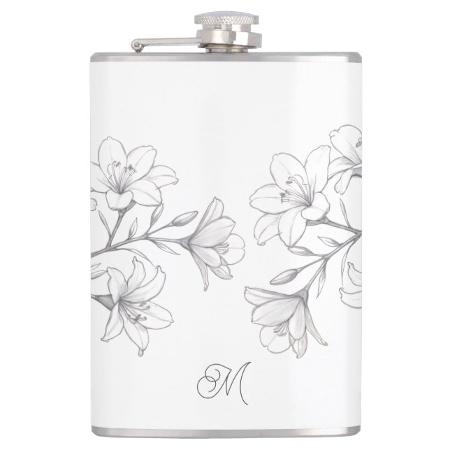 Azalea Floral Delicate Pencil Sketch Hip Flask (Front)