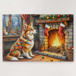 Azawakh Sitting by Fireplace with Christmas Lights Jigsaw Puzzle