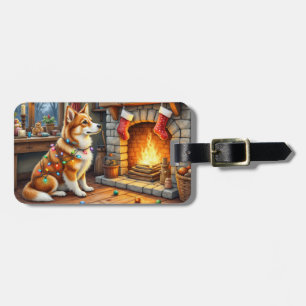 Azawakh Sitting by Fireplace with Christmas Lights Luggage Tag