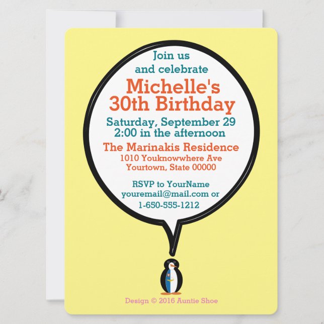Azorean Talking Ms Penguin Personalised  Invitation (Front)