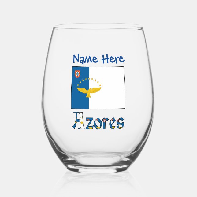 Azores Azorean Flag Blue Personalisation  Stemless Wine Glass (Front)