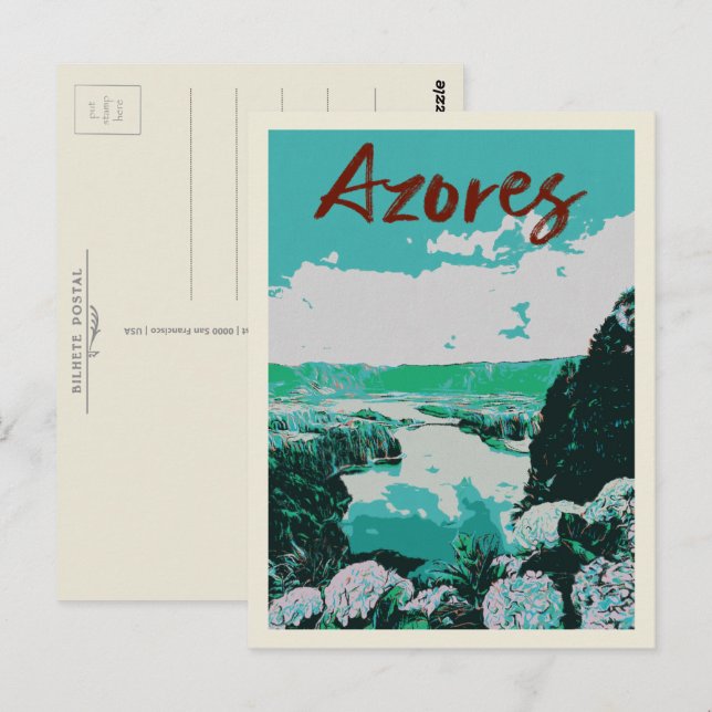 Azores islands Volcanic Lakes Illustration Postcard (Front/Back)