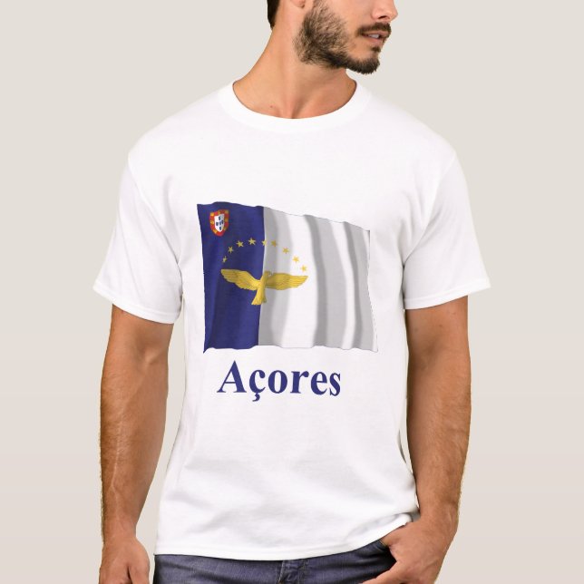 Azores Waving Flag with Name in Portuguese T-Shirt (Front)