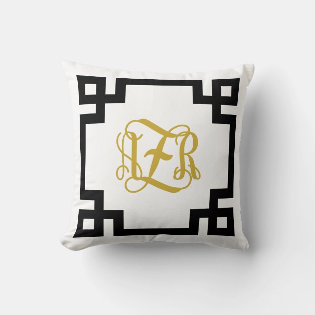 AZR Black and Gold Greek Key Script Monogram Cushion (Front)