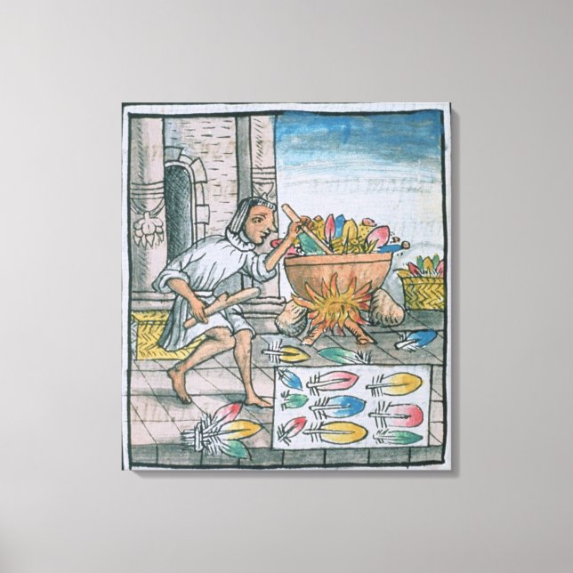Aztec artisans dyeing feathers canvas print (Front)