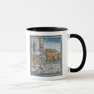 Aztec artisans dyeing feathers mug