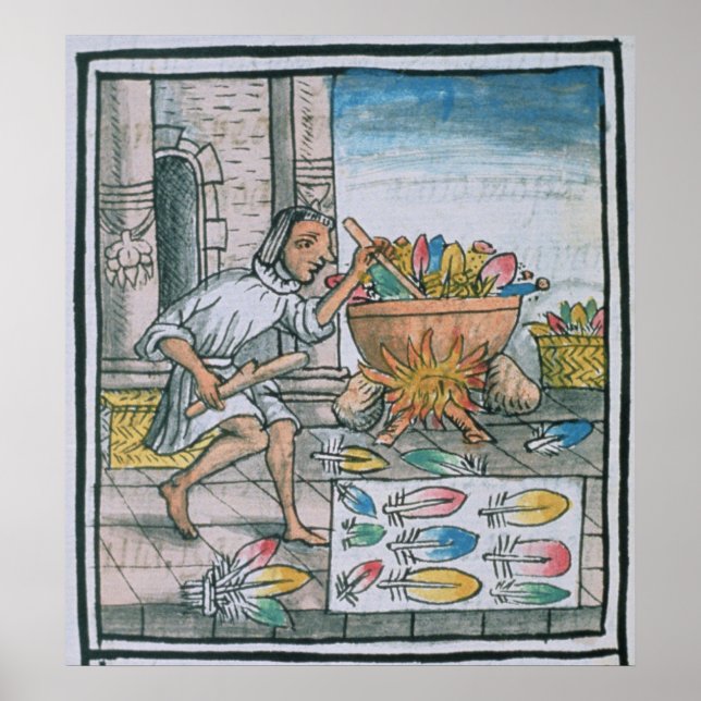 Aztec artisans dyeing feathers poster (Front)