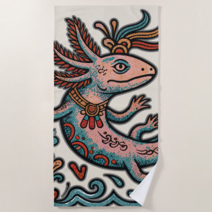 Aztec Axolotl Xolotl eroded stone tribal boho art Beach Towel