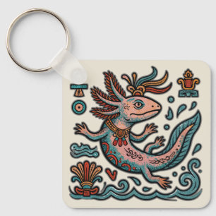 Aztec Axolotl Xolotl eroded stone tribal boho art Key Ring