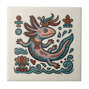 Aztec Axolotl Xolotl eroded stone tribal boho art Tile