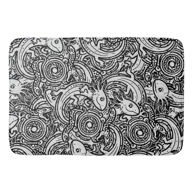 Aztec Axolotl Xolotl Tribal Pattern Black & White Bath Mat (Front)