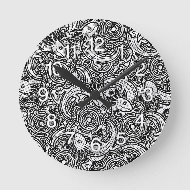 Aztec Axolotl Xolotl Tribal Pattern Black & White Round Clock (Front)
