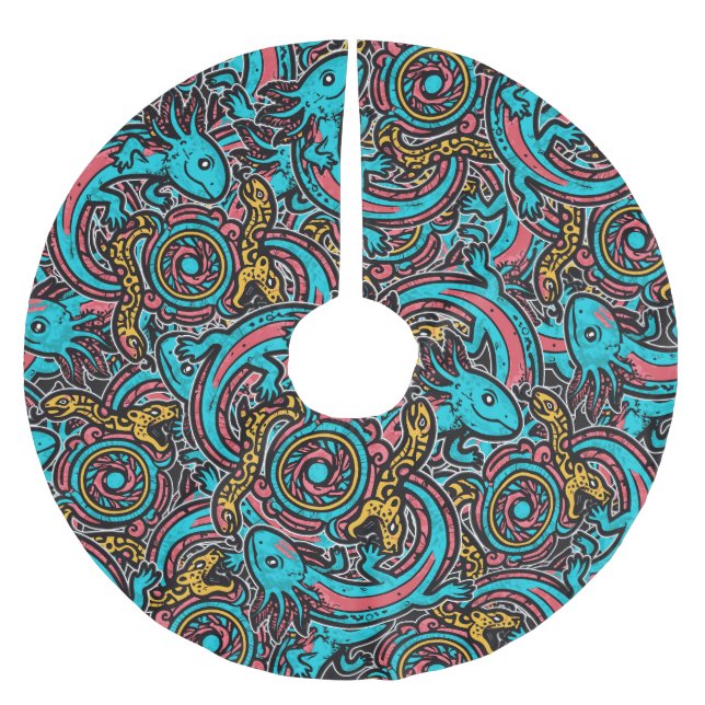 Aztec Axolotl Xolotl Tribal Pattern mythology boho Brushed Polyester Tree Skirt (Front)