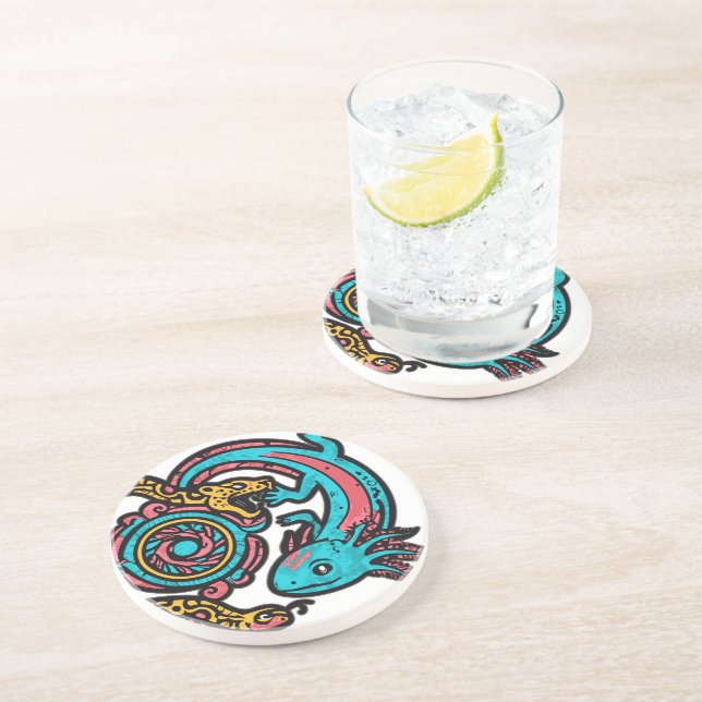 Aztec Axolotl Xolotl Tribal Pattern mythology boho Coaster (Side)