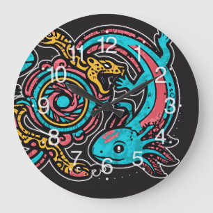 Aztec Axolotl Xolotl Tribal Pattern mythology boho Large Clock