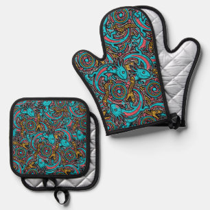 Aztec Axolotl Xolotl Tribal Pattern mythology boho Oven Mitt & Pot Holder Set