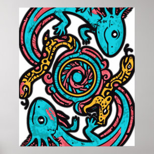 Aztec Axolotl Xolotl Tribal Pattern mythology boho Poster