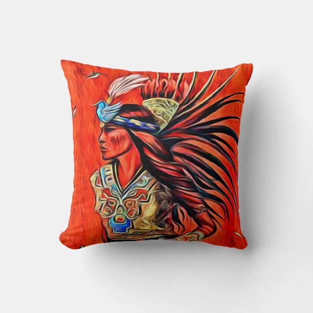 Aztec Bird Dancer Native American Throw Pillow (Front)