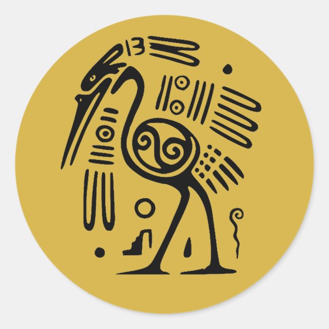 Aztec Black Heron on Gold Mexican Style Classic Round Sticker (Front)