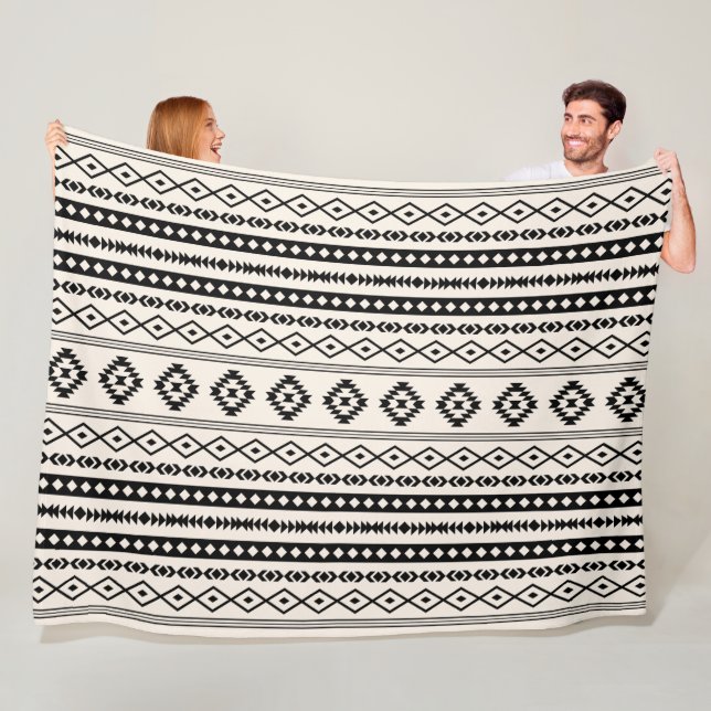 Aztec Black on Cream Mixed Motifs (H) Pattern Fleece Blanket (In Situ)