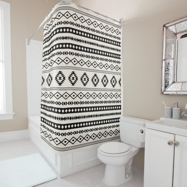 Aztec Black on Cream Mixed Motifs Pattern Shower Curtain (In Situ)