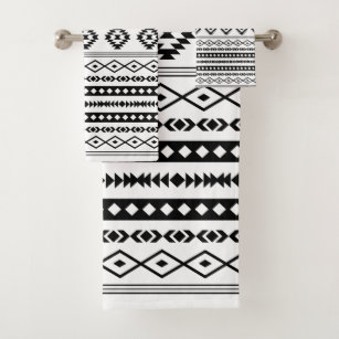Aztec Black on White Mixed Motifs Pattern Bath Towel Set
