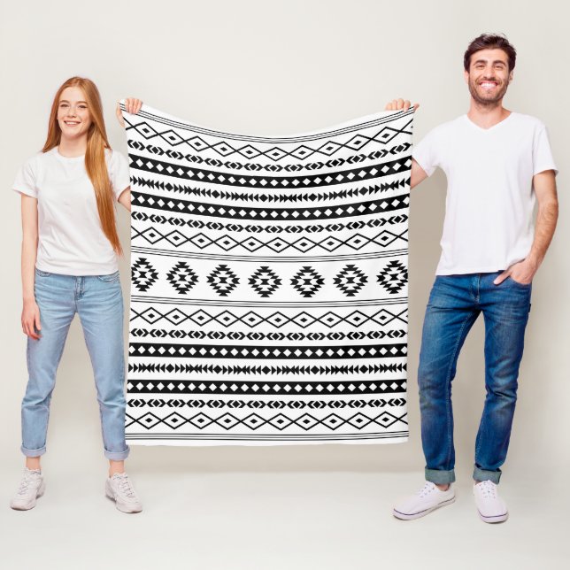 Aztec Black on White Mixed Motifs Pattern Fleece Blanket (In Situ)