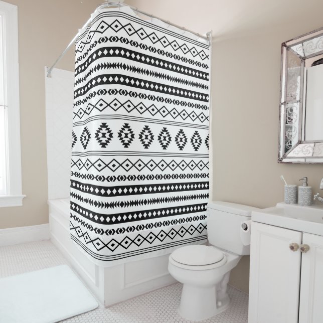 Aztec Black on White Mixed Motifs Pattern Shower Curtain (In Situ)
