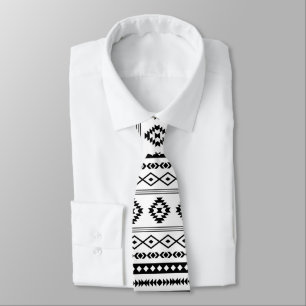 Aztec Black on White Mixed Motifs Repeat Pattern Tie