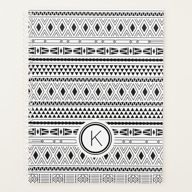 Aztec Black White Geometric Stripe Monogram Planner (Front)