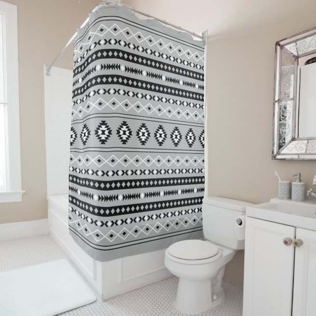 Aztec Black White Grey Mixed Motifs Pattern Shower Curtain (In Situ)